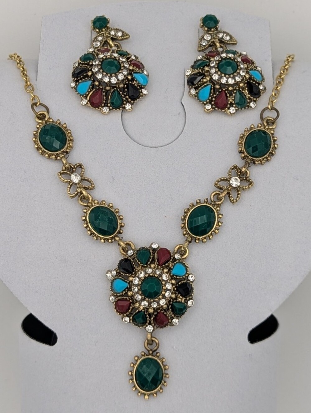 Multicolor Gemstone Medallion Necklace Earring Set Gold Tone Bollywood Wedding